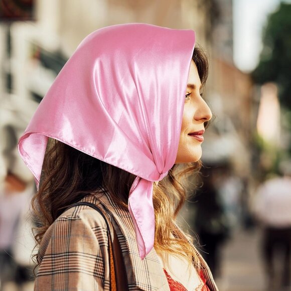 Women Pink Chiffon Square Ribbon Neck Scarf Satin Handkerchief For Halloween - Picture 4 of 7